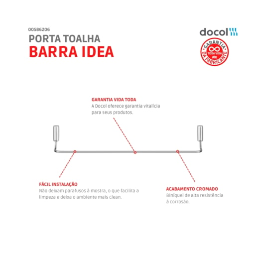 Porta Toalha Barra Idea Cromado Docol - Imagem principal - f3fe47a1-dec8-4b26-bb79-9ce5a531f31d