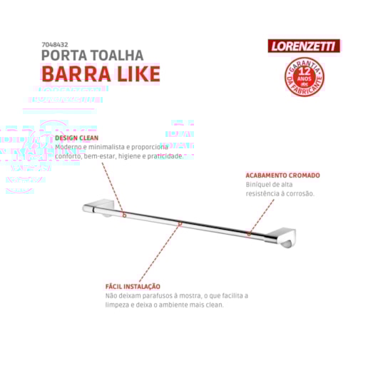 Porta Toalha Barra Like 2040 C78 Cromada Lorenzetti - Imagem principal - 90a7a868-3459-4970-ab22-191b0cbc5d74