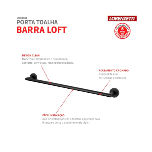 Porta Toalha Barra Loft 2040 B82 Preta Lorenzetti - Imagem principal - ce78acbf-7baa-4176-a109-c4ed1d39903e