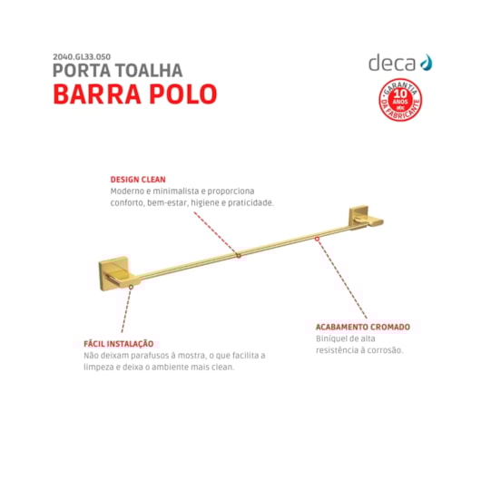 Porta Toalha Barra Polo 2040 Gold Deca 50cm - Imagem principal - d9634691-096a-471f-ba47-9b931b90c162