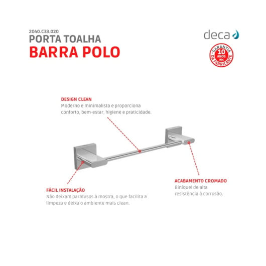 Porta Toalha Barra Polo 20cm 2040 Cromada Deca - Imagem principal - c8afb314-c35e-4caf-be1c-5531ebfe57bc