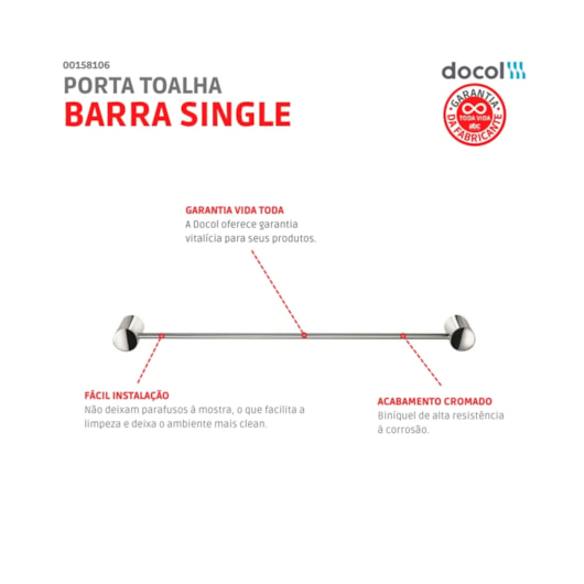 Porta Toalha Barra Single Cromado Docol - Imagem principal - f728ce6d-716e-4a5e-9fa6-b7b7afab1acb