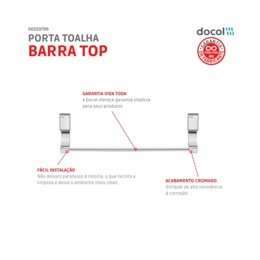 Porta Toalha Barra Top Cromada Docol - Imagem principal - 1fdde1a1-0d20-41e3-9077-4d30ecb2a85d