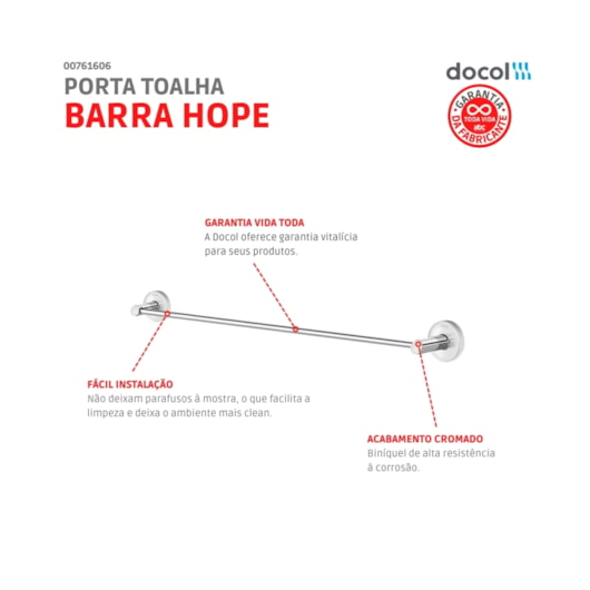 Porta Toalha Bastão Hope Cromada Docol - Imagem principal - 43098364-93e5-4315-91df-7ab5e496b32b