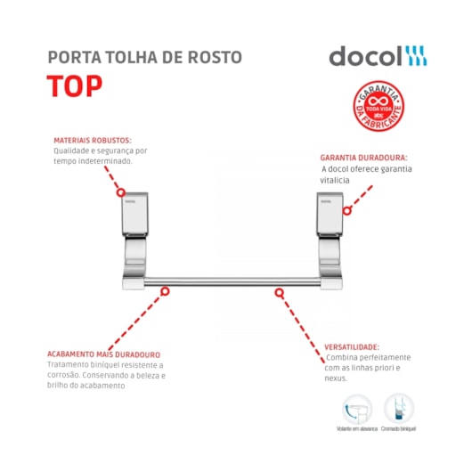 Porta Toalha De Rosto Top Cromado Docol - Imagem principal - fba07e17-1bfe-4aee-a36f-07fd375a7029