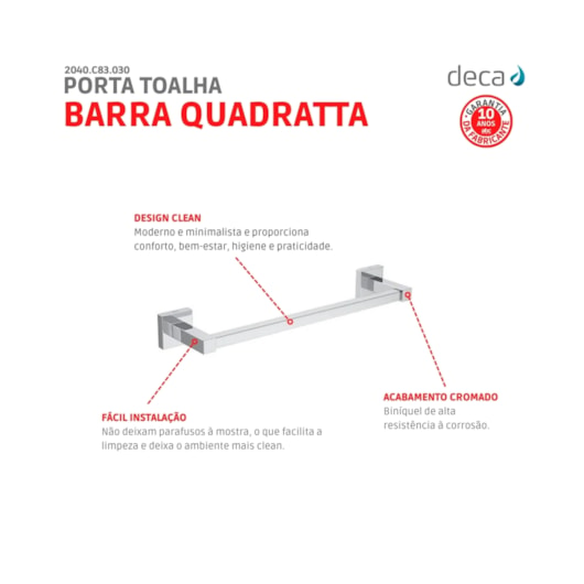 Porta Toalha Quadratta Cromado Deca 30cm - Imagem principal - 2e12f5cc-e7b5-4a65-b0ad-5f883bbf6b52