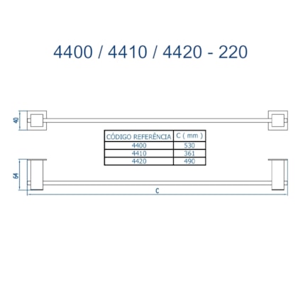 Porta Toalha Reto Longo Bella 220 4400 530mm Grafite Escovado Fani