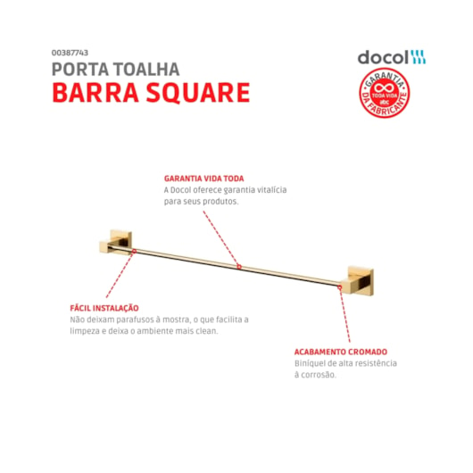 Porta Toalha Square Ouro Polido Docol - Imagem principal - d358c0e8-e4d2-4e79-997d-a1035cd8bc44