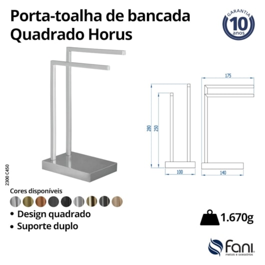 Porta-Toalhas De Bancada Quadrado Horus 450 2300 Cromado Fani Metais - Imagem principal - e2b6a951-5a3f-4e0c-8df2-e2fef93df1dc