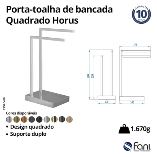 Porta-Toalhas De Bancada Quadrado Horus 450 2300 Cromado Fani Metais - Imagem principal - da182a16-0350-4141-a8db-48cc28ee4839