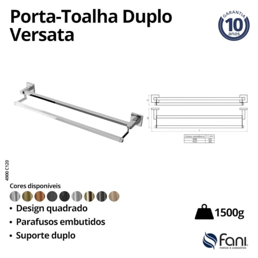 Porta-Toalhas Duplo Longo Versata 120 4900 Cromado Fani Metais - Imagem principal - 5306899d-c976-404a-901e-5fb16b46b19a