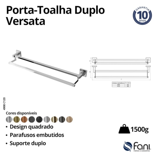 Porta-Toalhas Duplo Longo Versata 120 4900 Cromado Fani Metais - Imagem principal - e9bca0bf-749b-435b-a960-3f52a024b96a