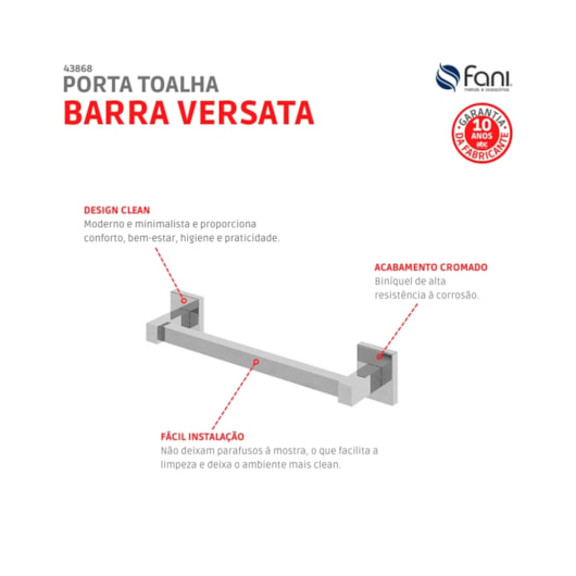 Porta Toalhas Reto Curto Para Banheiro Versata 120 Cromado Fani Metais - Imagem principal - 9caba931-e95d-40e8-a7f1-3db7c10c1649