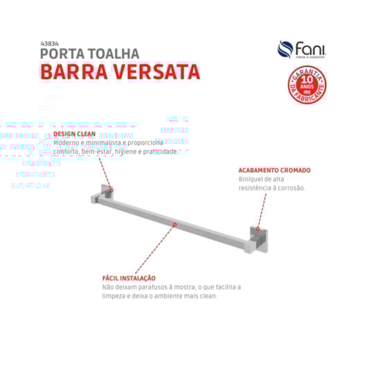 Porta Toalhas Reto Longo Para Banheiro Versata 120 Cromado Fani - Imagem principal - 209e7587-d989-40f8-90c9-9f12df776bec