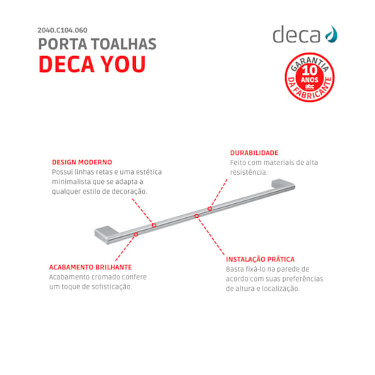 Porta Toalhas You Cromado Deca 60cm - Imagem principal - 9c39d332-f585-4108-9d23-41016bfc1bdc