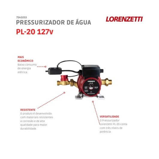 Pressurizador De Água Pl20 Vermelho/preto Lorenzetti 127V - Imagem principal - 9baf1806-2e1b-464a-b66d-e4a205f9ebbc