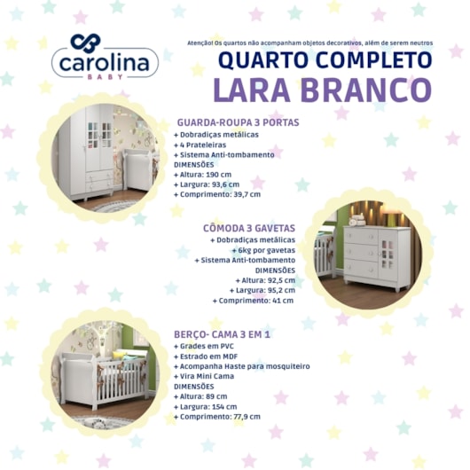 Quarto De Bebê Completo Lara Berço + Guarda Roupa 3 Portas e Cômoda Fraldário Branco Brilho Carolina Baby - Imagem principal - 437aa3c2-83c6-40dc-86e6-48ebd2ef8534