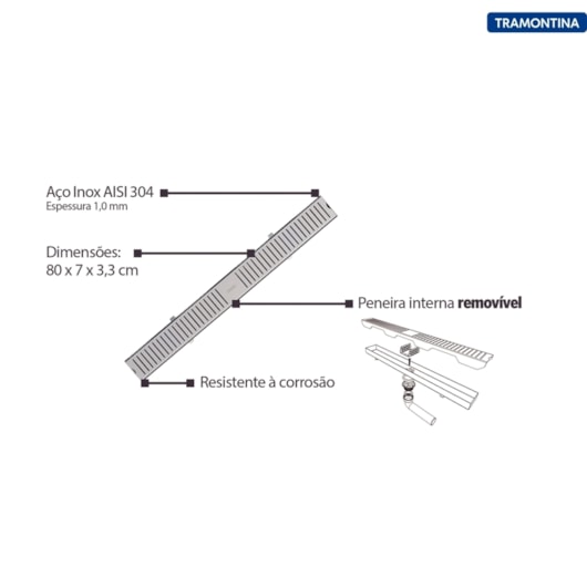 Ralo Linear Slim em Aço Inox 80x7cm Tramontina - Imagem principal - 16ab1bd6-02f1-4faf-b9c4-aa3ac2ac0b3c