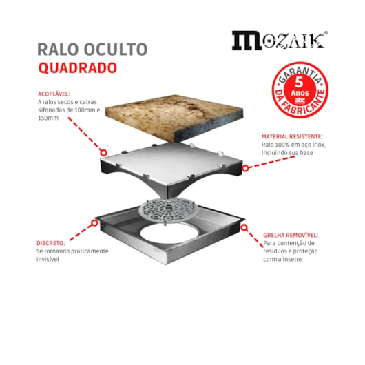 Ralo Oculto Quadrado Inox 15X15cm Mozaik - Imagem principal - 03873f53-b790-4313-8c0d-620e3441d953