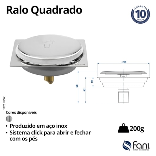 Ralo Quadrado Com Click Inox Fani 10 cm - Imagem principal - 3c1f1cc1-6b7e-4788-8d73-579edd3a67ac