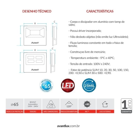 Refletor De Led Slim 10 3000K 750 Lúmens Bivolt Emissão De Luz Amarela Avant - Imagem principal - 6c53038f-df30-4580-bb2f-e397622fc7bf