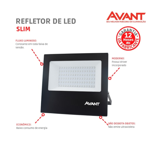 Refletor De Led Slim 100 6500k 7500 Lúmens Bivolt Emissão De Luz Branca Avant - Imagem principal - 08da590e-044d-40a5-88e8-76eb2e62c421