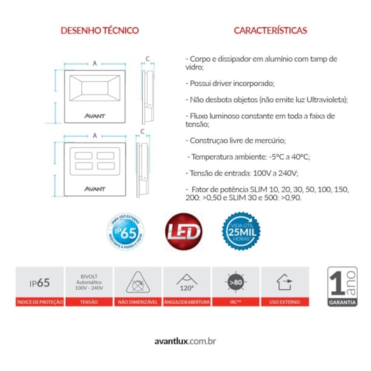 Refletor De Led Slim 100 6500k 7500 Lúmens Bivolt Emissão De Luz Branca Avant - Imagem principal - 129ff216-cba5-4d27-ad9e-57e998947bf2