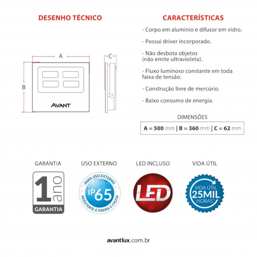 Refletor De Led Slim400 Luz Branca Bivolt Avant 6500k - Imagem principal - d19c895f-4c6c-4dbc-9673-7cd1579c450f