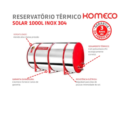 Reservatório Térmico Solar 1000l Baixa Pressão Inox 304 Komeco - Imagem principal - 0d138366-6db7-4698-a1ea-f9900dc544be