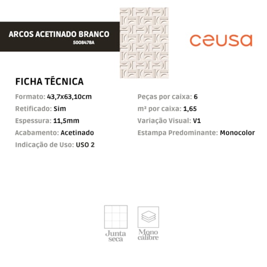 Revestimento Ceusa Arcos Acetinado Branco 43,7x63,10cm Retificado  - Imagem principal - cf020d8e-d764-49cc-83c3-ddaf39cd2dd4