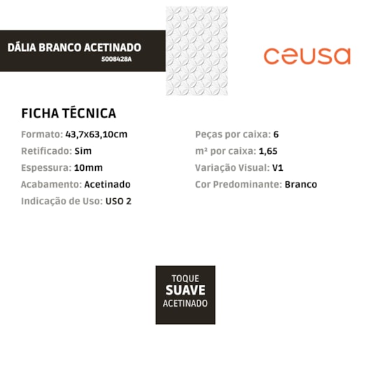 Revestimento Ceusa Dália Branco Acetinado 43,7x63,10cm Retificado  - Imagem principal - d8c889fb-12e7-47f5-b98a-a9a3696b841d