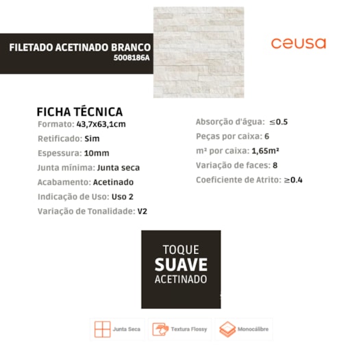 Revestimento Ceusa Filetado Acetinado Branco 43,7x63,10cm Retificado  - Imagem principal - 15121c40-f20b-49e3-b379-6d7863063342