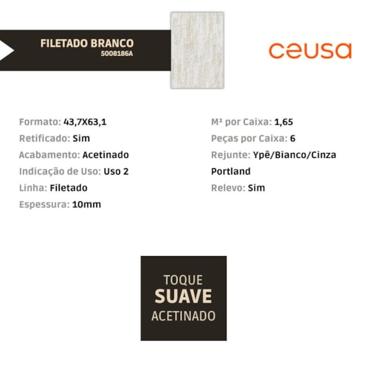 Revestimento Ceusa Filetado Branco Acetinado 43,7x63,10cm Retificado - Imagem principal - aae929f8-4533-4074-93b2-cdf39e153fe3