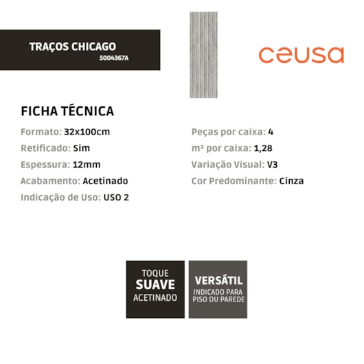 Revestimento Ceusa Tracos Chicago Acetinado 32x100cm Retificado  - Imagem principal - 277bb9ec-e02f-404c-8840-2e9f2d77c176