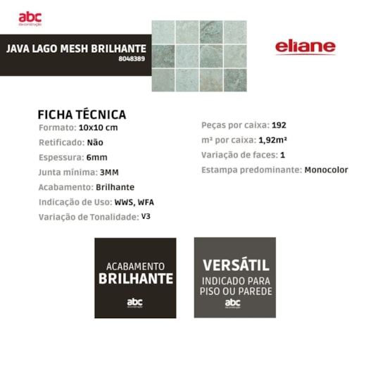 Revestimento Eliane  Java Lago Mesh Brilhante 10x10cm Bold - Imagem principal - 5601cfd6-ea85-40d1-951d-7d3c678c8e02