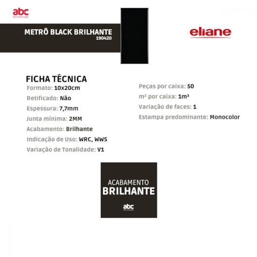 Revestimento Eliane Metrô Black Brilhante 10x20cm Preto Bold  - Imagem principal - 5dd4c515-7edd-4d34-b6af-c06aeb1d7b67