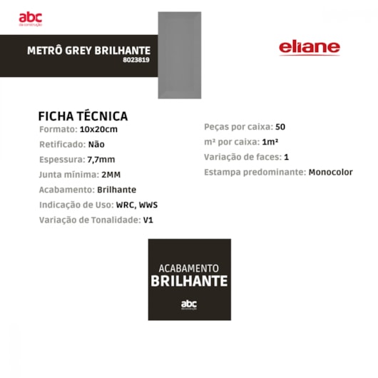 Revestimento Eliane Metrô Grey Brilhante 10x20cm Cinza Bold  - Imagem principal - 1abfffe3-3752-4d44-bcd2-2d56d1682f54