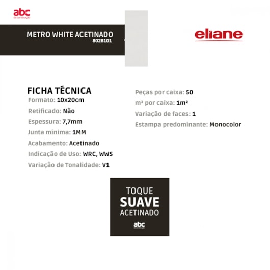 Revestimento Eliane Metro White Acetinado 10x20cm Branco Bold  - Imagem principal - d1242497-3c2e-441a-9909-7a7ca07ae48f