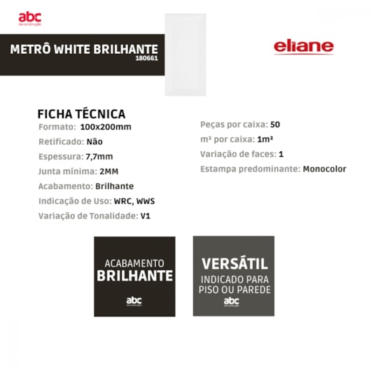 Revestimento Eliane Metrô White Brilhante 10x20cm Branco Bold  - Imagem principal - d09d3446-3b0c-4a6b-8fd3-c9cd103c80cb