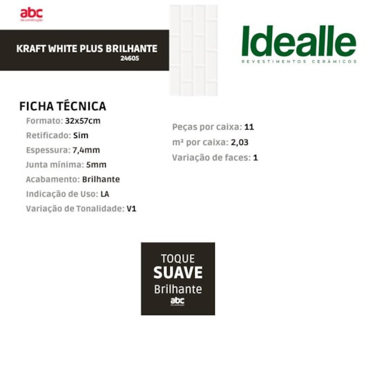Revestimento Idealle Kraft White Plus Tijolinho Brilhante 32x57cm Bold - Imagem principal - 66ad7433-3ff4-4482-bcf9-c73711d9f102