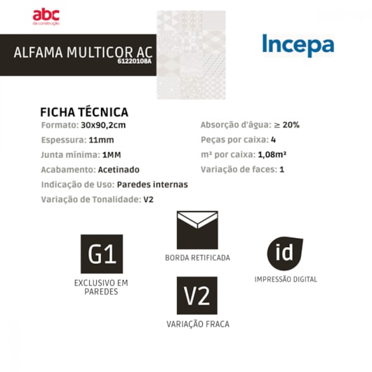 Revestimento Incepa Alfama Multicor Acetinado 30x90,2cm Branco Retificado  - Imagem principal - a7bd6491-6a33-4ef2-83d9-18f4d47589a8