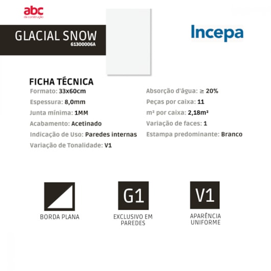 Revestimento Incepa Glacial Snow Acetinado 33x60cm Branco Borda Plana - Imagem principal - 4ccd1ddc-d2a0-427e-9c68-433183cec0f2