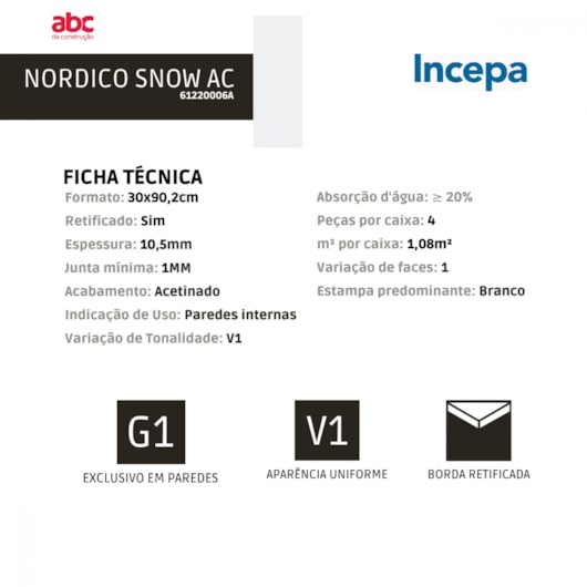 Revestimento Incepa Nordico Snow Acetinado 30x90,2cm Branco Retificado  - Imagem principal - bada09cd-e24d-4e15-b886-8fa90462b86a