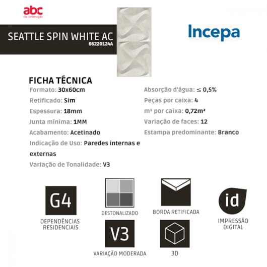 Revestimento Incepa SeattleSpin White Acetinado 30x60cm Branco Retificado  - Imagem principal - 5f08df36-bfe8-403a-8ed5-8a60e51a85ba