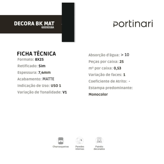 Revestimento Portinari Decora Black Matte 8,24X25,7cm Bold  - Imagem principal - c5b29c5c-4d91-42b0-8727-d6e41c00131e