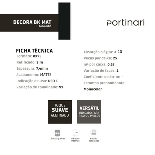 Revestimento Portinari Decora Black Matte 8x25cm Preto Bold  - Imagem principal - 545fdbfd-e936-4f45-920f-8976603f24d3