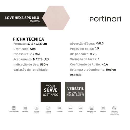 Revestimento Portinari Love Hexa Spk Mlx Pei3 17,5x17,5cm Retificado - Imagem principal - 0b0daa5e-ee74-4205-9899-0164d164f6d6