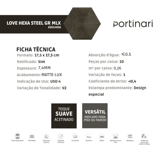 Revestimento Portinari Love Hexa Steel Gr Mlx 17,5x17,5cm Retificado - Imagem principal - 60fa88bd-46b0-4644-9d7c-abc95dff8e77