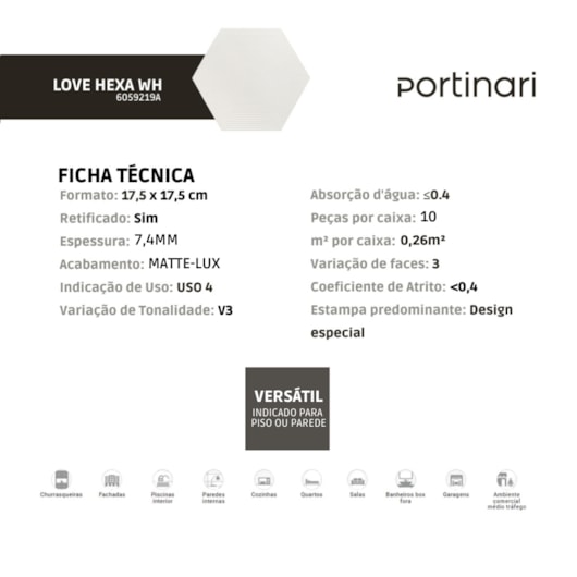 Revestimento Portinari Love Hexa Wh Mlx 17,5x17,5cm Retificado - Imagem principal - 7fb5b652-c969-467a-a2ce-ab176e88d1ae