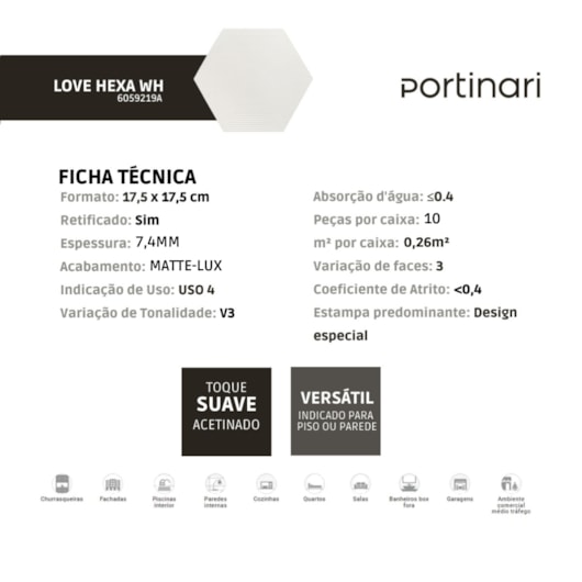 Revestimento Portinari Love Hexa Wh Mlx Pei3 17,5x17,5cm Retificado - Imagem principal - 261328fa-d8aa-44f9-8f72-79ae29f93337